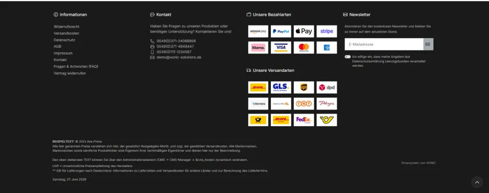 XONIC Shop-Frontend &ndash; Footer mit Zahlarten und Versand