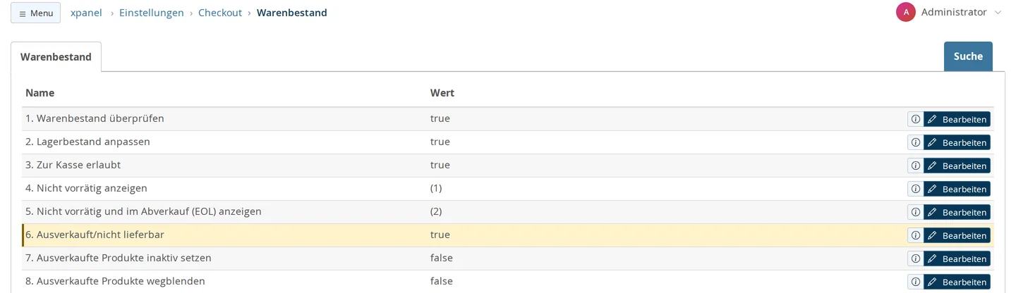 Backend List Settings → Checkout → Inventory with lines 1 through 8: “Check Inventory” true, “Adjust Stock” true, “Allow Checkout” true, “Show Out of Stock” (1), “Show out of stock and end-of-life (EOL) items” (2), highlighted “Sold out/unavailable” true, “Set sold-out products to inactive” false, and “Hide sold-out products” false