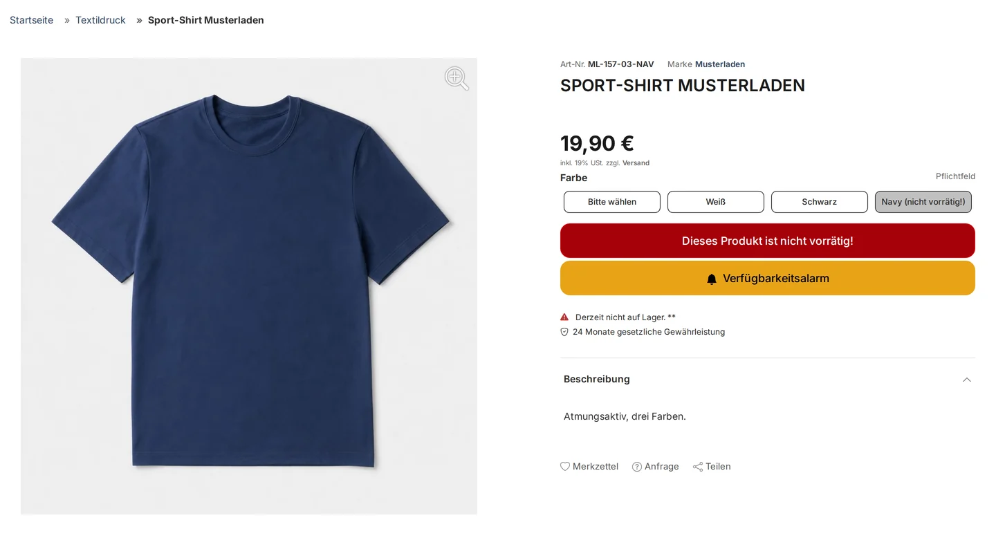 Product page for the item “Sports Shirt Sample Store” with the “Color” attribute featuring the buttons “Please select,” “White,” “Black,” and the selected value “Navy (out of stock!)”; the item number is ML-157-03-NAV, followed by “This product is out of stock!” and the “Availability Alert” button