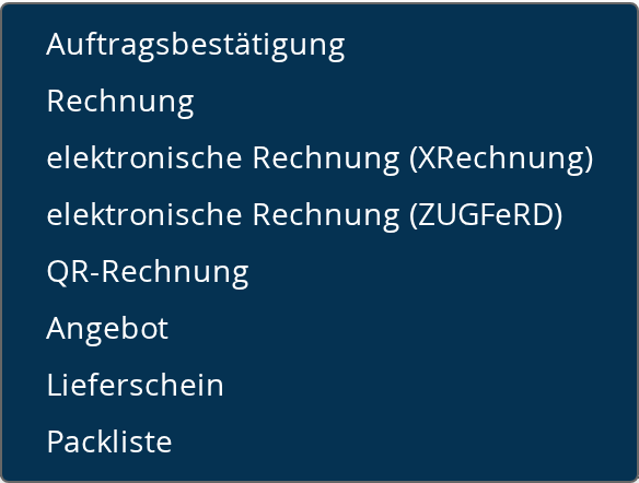 Das geöffnete Menü Belege mit den verfügbaren Dokumenttypen