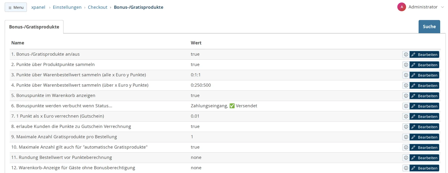 Backend-Liste Einstellungen → Checkout → Bonus-/Gratisprodukte mit zwölf Zeilen: „Bonus-/Gratisprodukte an/aus“ true, „Punkte über Produktpunkte sammeln“ true, „alle x Euro y Punkte“ 0:1:1, „über x Euro y Punkte“ 0:250:500, „Bonuspunkte im Warenkorb anzeigen“ true, „Bonuspunkte werden verbucht wenn Status…“ Zahlungseingang und Versendet, „1 Punkt als x Euro verrechnen (Gutschein)“ 0.01, „erlaube Kunden die Punkte zu Gutschein Verrechnung“ true, „Maximale Anzahl Gratisprodukte pro Bestellung“ 1, „Maximale Anzahl gilt auch für automatische Gratisprodukte“ true, Rundung none und Gäste-Anzeige none