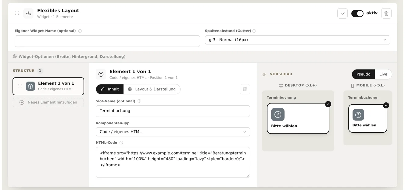 Content block with an element of the "Code / Custom HTML" component type, slot name "Appointment Booking"; In the “HTML Code” field (marked with a help icon), there is an embedded <iframe src="https://www.example.com/termine" title="Book a consultation" …></iframe>; the preview is shown on the right