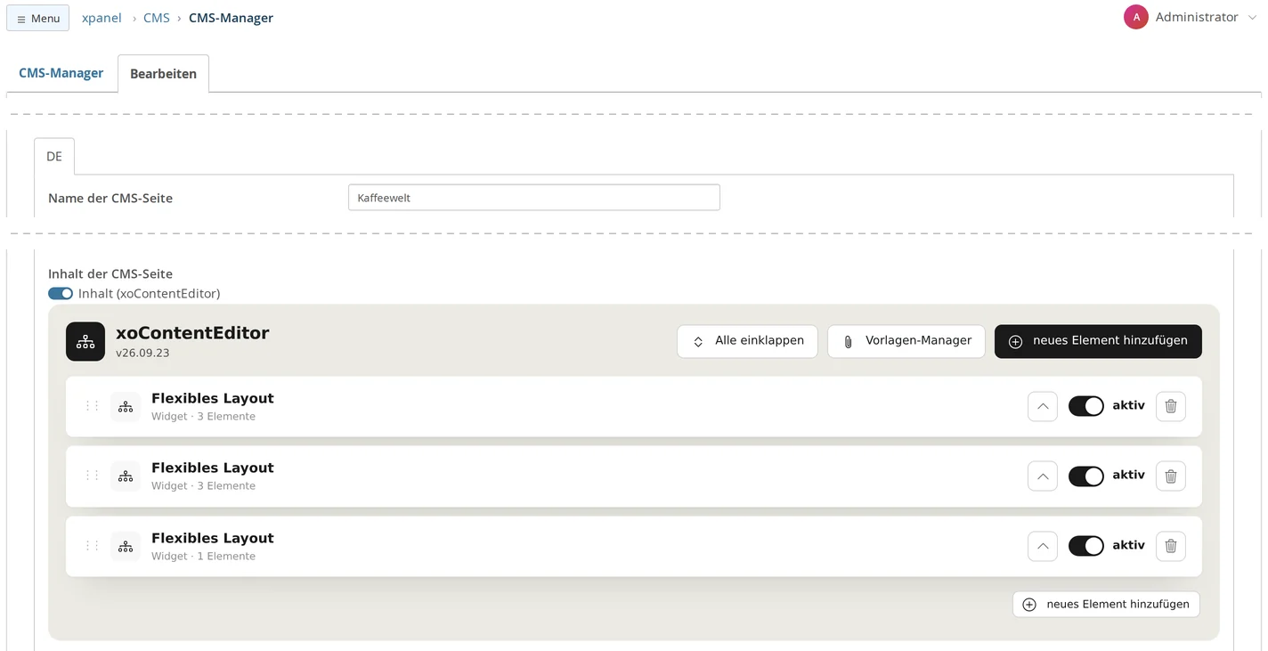 CMS → CMS Manager, “Edit” tab, DE language tab on the “Kaffeewelt” page: under “CMS Page Content,” the “Content (xoContentEditor)” toggle is enabled; below that is the “xoContentEditor” editor with the buttons “Collapse All,” “Template Manager,” and “Add New Element,” three collapsed “Flexible Layout” content blocks with an “Active” toggle and a trash can icon, and a second “Add New Element” button at the bottom