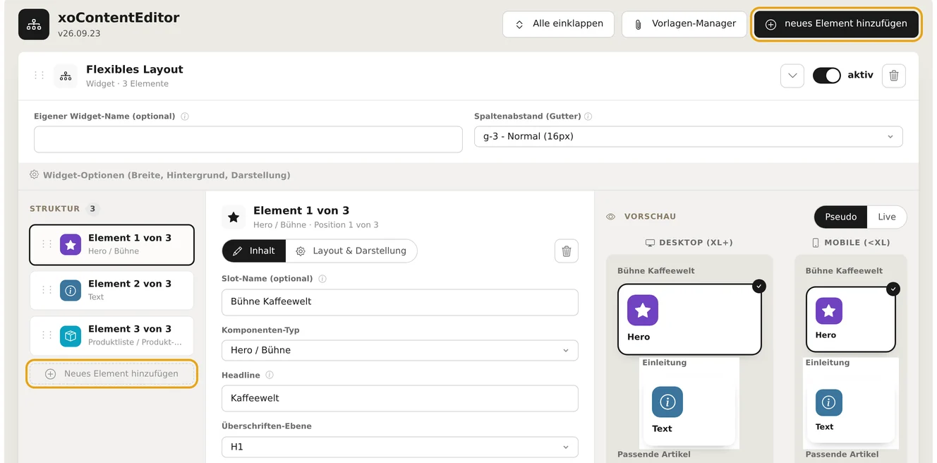 Expanded "Flexible Layout" content block with the header "Widget · 3 Elements," the "Active" toggle, and the trash can icon; on the left, the “Structure” column with “Element 1 of 3 (Hero / Stage),” “Element 2 of 3 (Text),” and “Element 3 of 3 (Product List)”; in the middle, the fields for the selected element; on the right, the preview; The “Add New Element” button in the header bar and the “Add New Element” button below the structure are highlighted