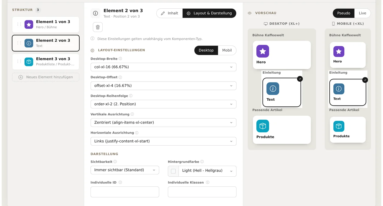 Element 2 of 3 (Text) is selected; the “Layout & Display” tab with the “Desktop” / “Mobile” toggle and the fields Desktop width col-xl-16 (66.67%), Desktop Offset offset-xl-4, Desktop Order 2nd position, vertical and horizontal alignment; below that, “Visibility” “Always Visible (Default)”, “Background Color” Light, “Custom ID”, and “Custom Classes”; the preview shows the element indented