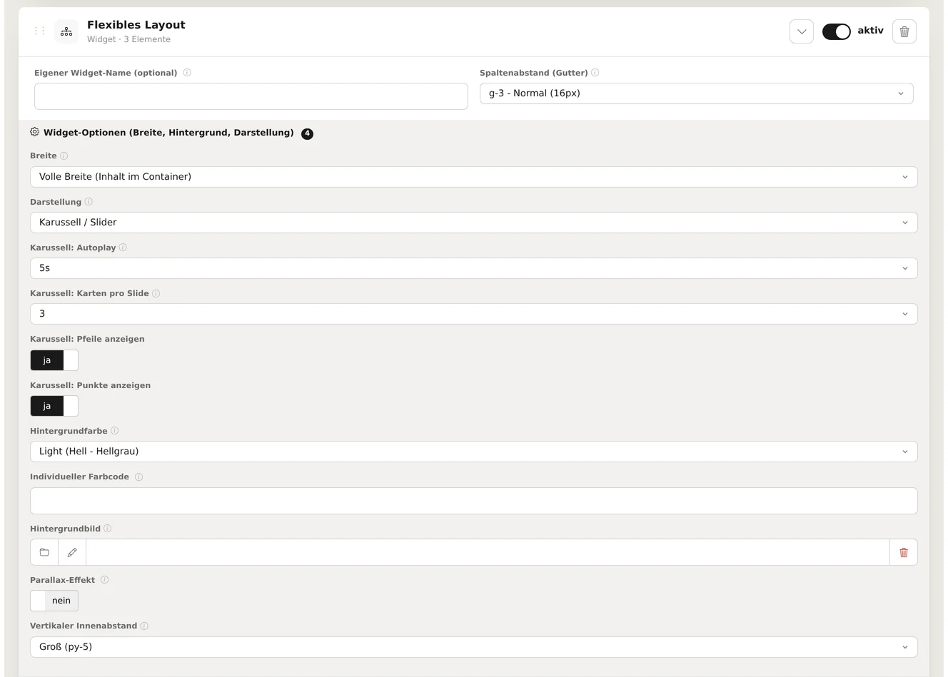 Expanded “Widget Options (Width, Background, Display)” for a block with three customer testimonials: Width “Full Width (Content in Container)”, Display “Carousel / Slider”, Autoplay 5s, 3 cards per slide, arrows and dots enabled, background color “Light (Light - Light Gray)”, empty fields for color code and background image, parallax effect off, vertical padding “Large (py-5)”