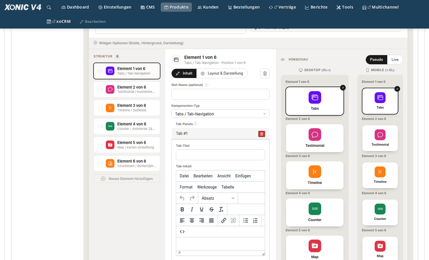 The xoContentEditor with its three columns: Structure, Editing, and Preview