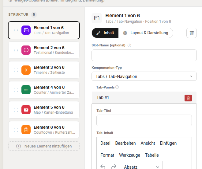 Structure list and drop-down menu for the component type
