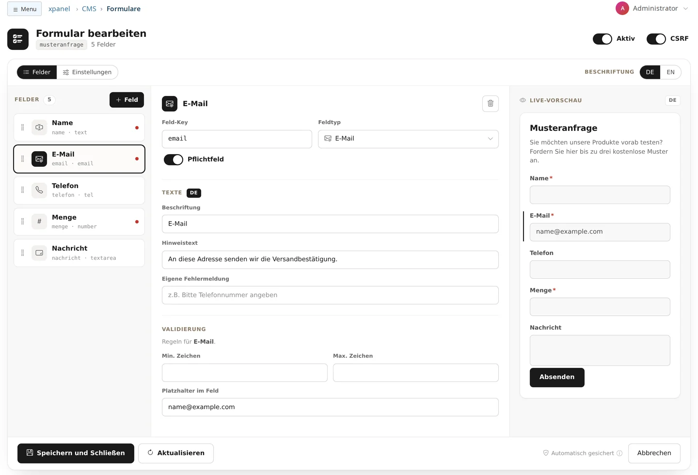 Formular-Builder für die Musteranfrage, Reiter Felder: links die Feldliste Name, E-Mail, Telefon, Menge und Nachricht, in der Mitte die Einstellungen des Felds E-Mail mit Feld-Key, Feldtyp E-Mail, Pflichtfeld, Beschriftung, Hinweistext, Eigene Fehlermeldung, Min. und Max. Zeichen und Platzhalter im Feld, rechts die Live-Vorschau des Formulars