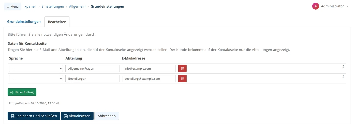 Einstellung Daten für Kontaktseite im Bearbeitungsmodus: Tabelle mit den Spalten Sprache, Abteilung und E-Mailadresse, zwei Zeilen Allgemeine Fragen mit info@example.com und Bestellungen mit bestellung@example.com, beide mit der Sprache ---, darunter der Knopf Neuer Eintrag und die Knöpfe zum Speichern