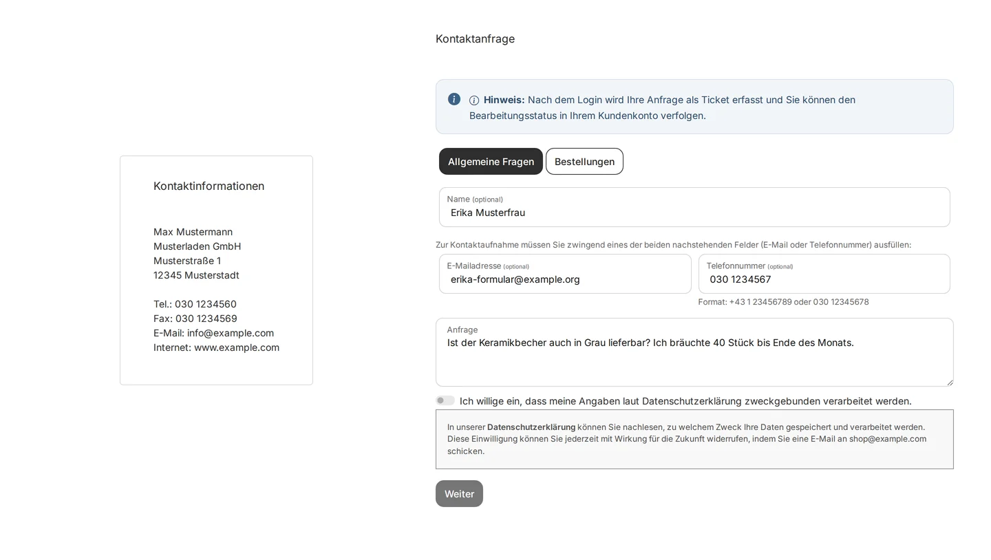 Kontaktseite im Shop als Gast: links der Kasten Kontaktinformationen mit der Adresse des Musterladens, rechts der Hinweis zum Ticket nach dem Login, die Abteilungs-Knöpfe Allgemeine Fragen (gewählt) und Bestellungen, die ausgefüllten Felder Name, E-Mailadresse, Telefonnummer und Anfrage, der nicht gesetzte Datenschutz-Schalter und der gesperrte Knopf Weiter