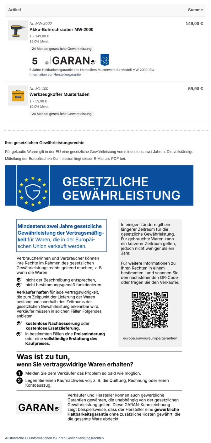 Zwei Ausschnitte aus der Vorschau der Bestellbestätigung, getrennt durch eine gestrichelte Linie: oben die Artikelliste mit dem GARAN-Label und Begleittext beim Akku-Bohrschrauber MW-2000, beim Werkzeugkoffer nur die Gewährleistungszeile; unten vom Mailende der Absatz „Ihre gesetzlichen Gewährleistungsrechte“, die Grafik „Gesetzliche Gewährleistung“ der EU-Kommission und der Link zu den EU-Informationen