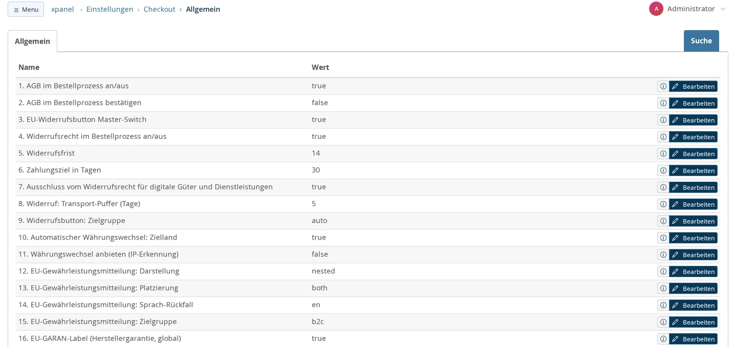 Backend-Liste Einstellungen → Checkout → Allgemein; in den Zeilen 12 bis 16 „EU-Gewährleistungsmitteilung: Darstellung“ mit nested, „Platzierung“ mit both, „Sprach-Rückfall“ mit en, „Zielgruppe“ mit b2c und „EU-GARAN-Label (Herstellergarantie, global)“ mit true