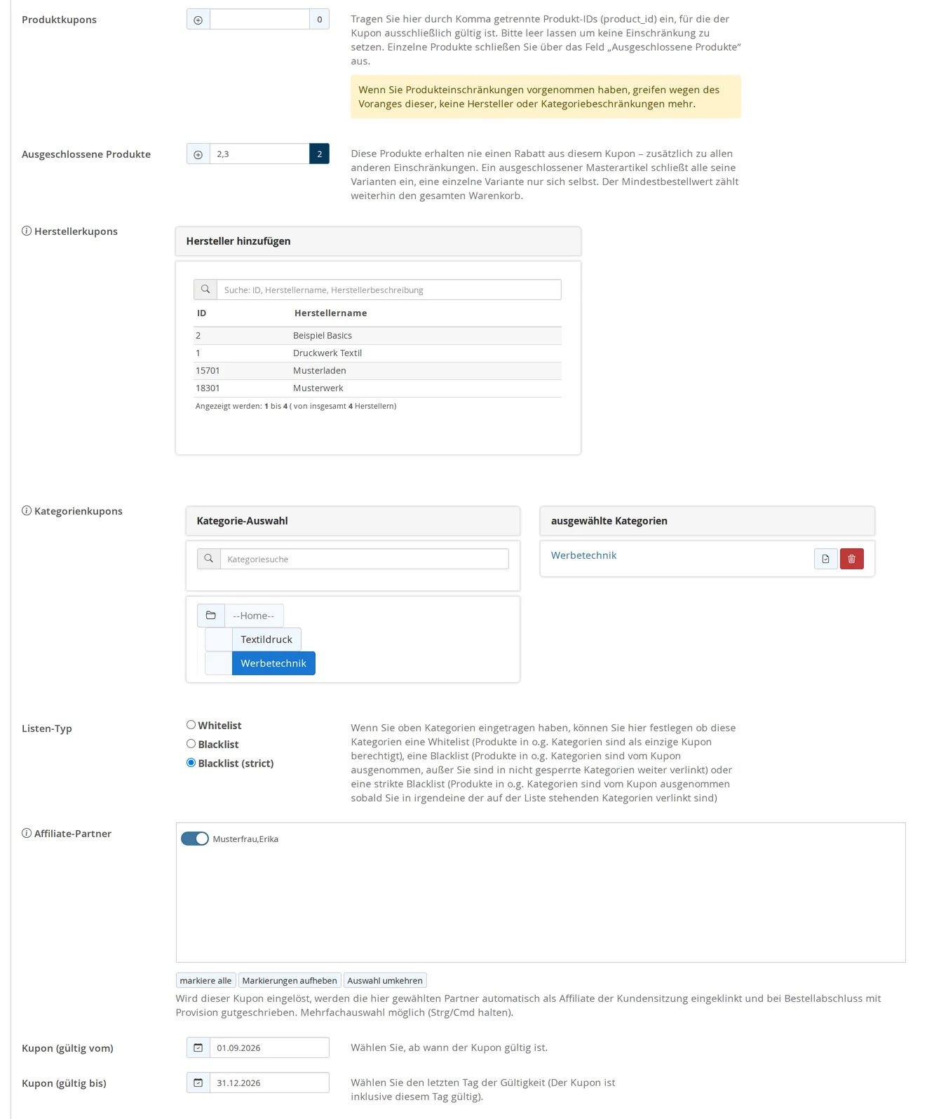 Lower section of the ERIKA15 partner coupon form: Product coupons empty, Excluded products with a count of 2, Manufacturer selection, Category coupons with the “Advertising Technology” category, List type “Blacklist (strict),” Affiliate partner Erika Musterfrau, valid from September 1, 2026, through December 31, 2026