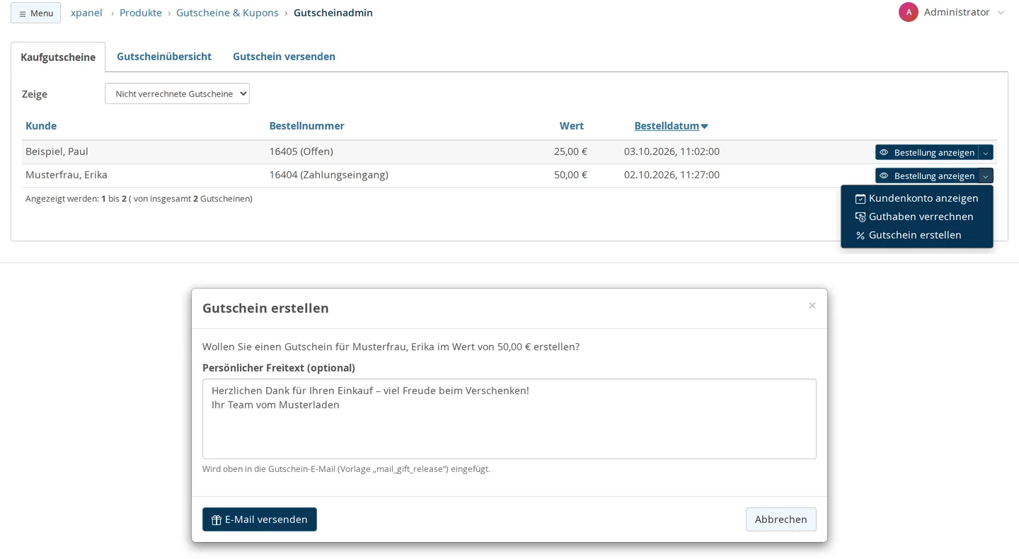 Voucher Admin, “Purchase Vouchers” tab with the “Unredeemed Vouchers” filter and two purchased vouchers; the action menu displays “View Customer Account,” “Apply Credit,” and “Create Voucher”; below that, the “Create Gift Certificate” dialog box with the “Personal Free Text (optional)” field