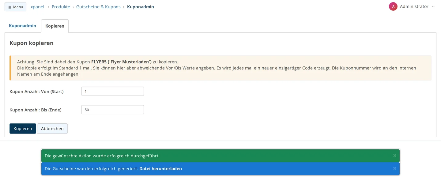 "Copy Coupon" dialog box for coupon FLYER5, featuring a tooltip and the fields "Coupon Count: From (Start)" 1 and "To (End)" 50; below that, the messages displayed after copying, along with the "Download File" link