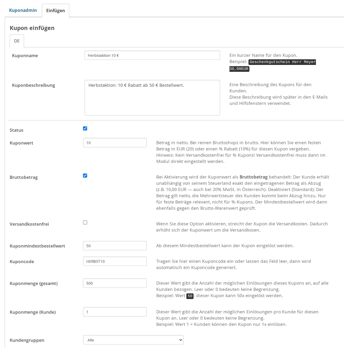 "Insert" tab with the upper part of the coupon form: Coupon name "Fall Promotion 10 €," description, status: active, coupon value: 10, gross amount: yes, Free Shipping: No, Minimum Order Value for Coupon: 50, Coupon Code: HERBST10, Coupon Quantity (Total): 500, Coupon Quantity (Customer): 1, and Customer Groups: “All”