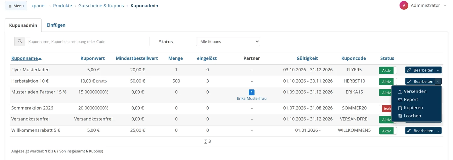 Coupon Admin with live search and "All Coupons" status: six coupons showing coupon value (one marked "gross"), minimum order value, quantity, redeemed, partner, validity, coupon code, and status; The action menu for coupon HERBST10 is open with Send, Report, Copy, and Delete