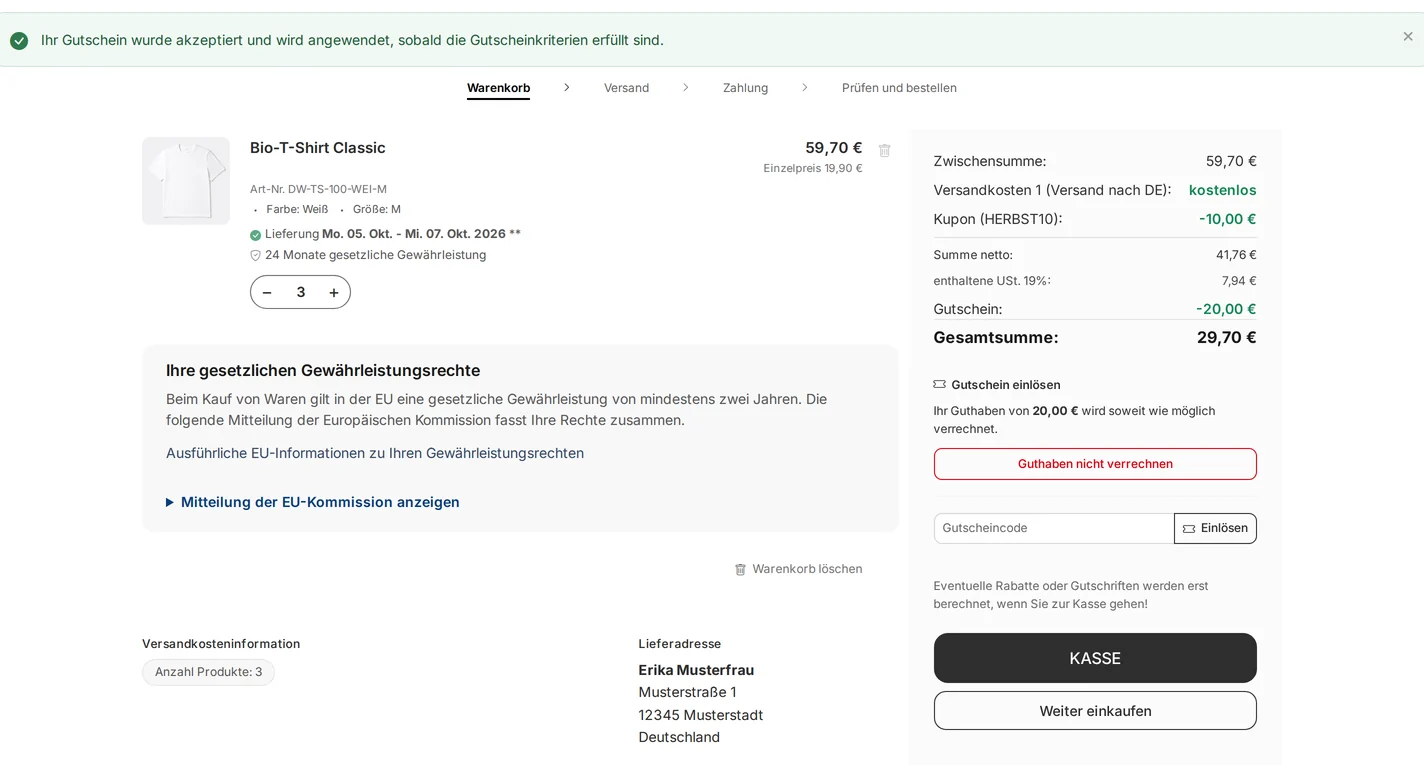 A logged-in customer’s shopping cart displaying the message “Your coupon has been accepted …,” the total line “Coupon (HERBST10): -10.00 €”, the credit line -20.00 €, and the “Redeem Voucher” box with a credit note, a “Do not apply credit” button, and a code field