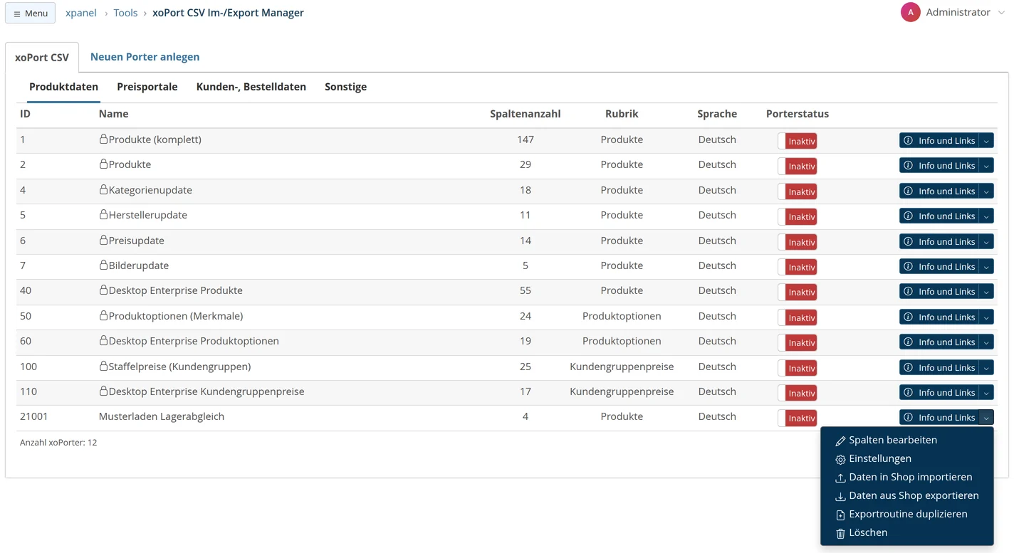 xoPort CSV Import/Export Manager, Product Data tab: List of porters with a lock icon next to the default porters, columns: Number of Columns, Category, Language, and Porter Status (all inactive), and the open action menu for the “Sample Store Inventory Reconciliation” porter, featuring the options Edit Columns, Settings, Import Data into Store, Export Data from Store, Duplicate Export Routine, and Delete