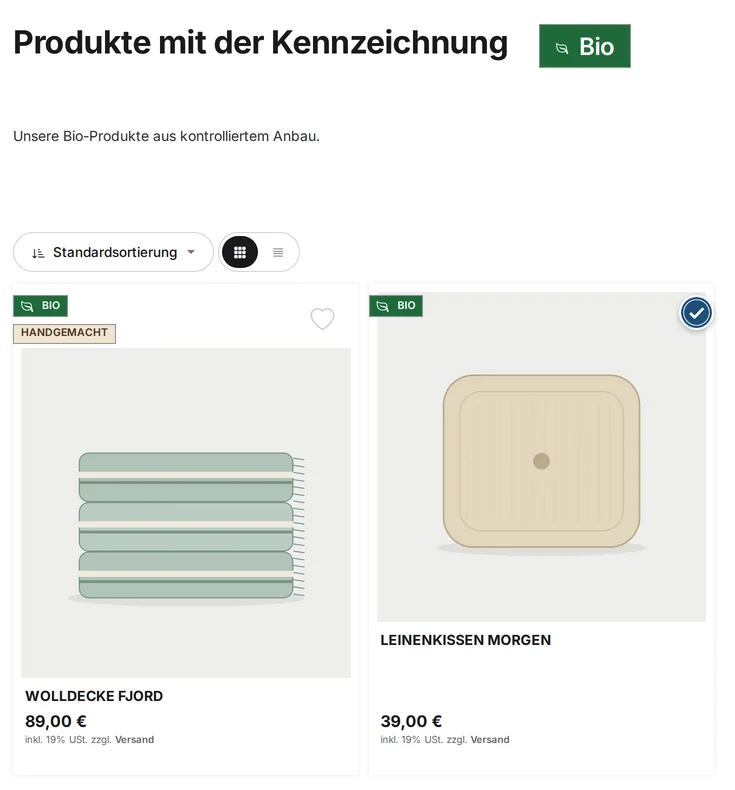 Badge page in the store with the heading “Products with the Label” and the green “Organic” badge, followed by the text “Our organic products from certified cultivation,” and the two items featuring this badge