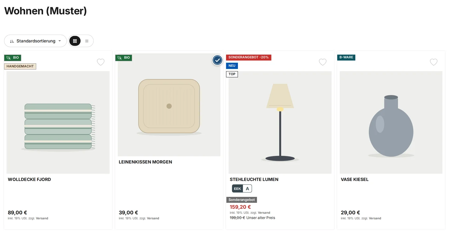 Category page in the shop featuring four items: a wool blanket with the store’s own “Organic” and “Handmade” badges, a linen pillow with “Organic” on the left and a round image badge on the right, a floor lamp with “Special Offer -20%,” “New” and “Top,” as well as the price label “EEK A” next to the price, and a vase labeled “B-grade”