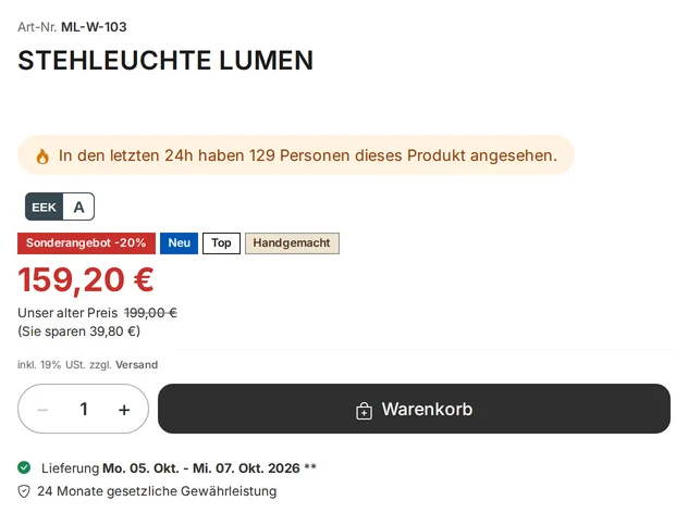 Product page purchase section: A notice with a flame icon reading “129 people have viewed this product in the last 24 hours,” below that, the price label “EEK A,” the badges “Special Offer -20%,” “New,” “Top,” and “Handmade” side by side, the price €159.20, and the old price €199.00