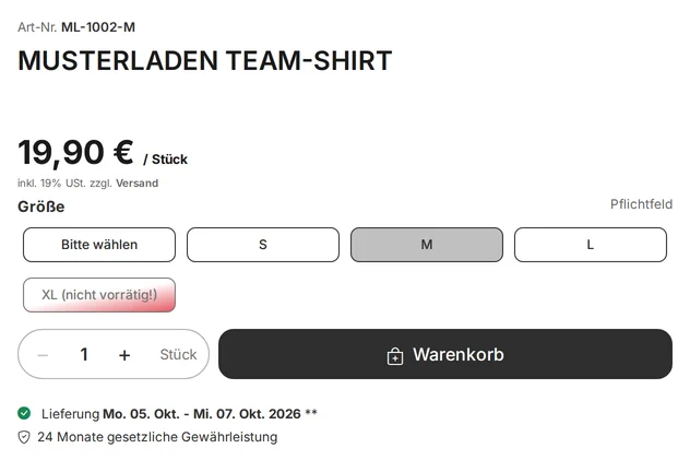 Product page for the Sample Store Team Shirt: Size M is selected; the "XL (out of stock!)" option is grayed out; next to it are the quantity selector and the active "Add to Cart" button