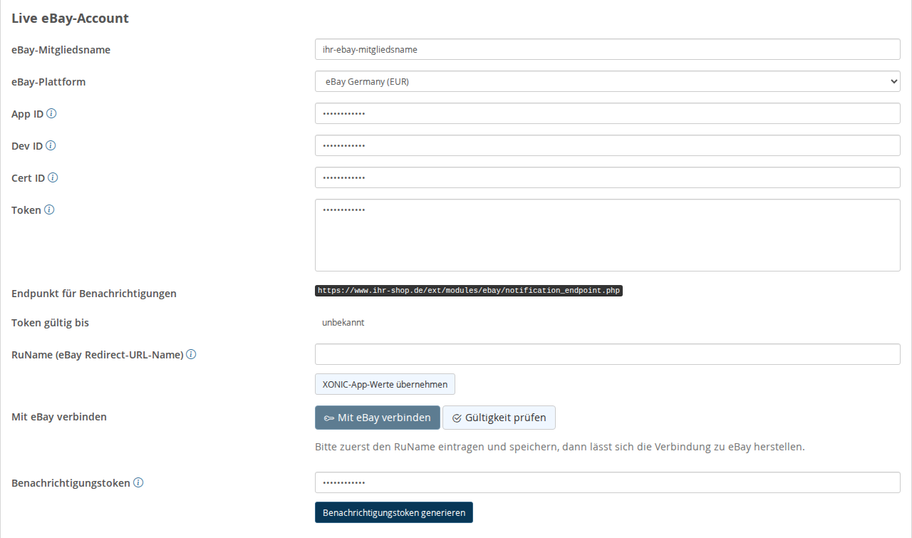 "Live eBay Account" section in the eBay configuration, featuring the "Connect to eBay" and "Check Validity" buttons