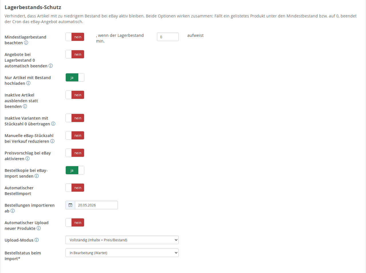 Section: Inventory Protection with Automatic Closure Disabled and Upload Enabled Only for In-Stock Items