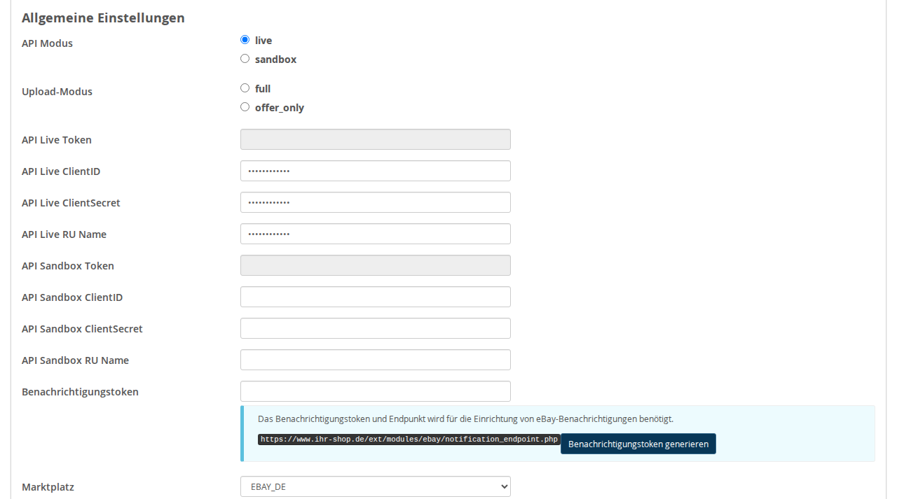 General settings for the new eBay integration, including API mode, upload mode, login credentials, and marketplace