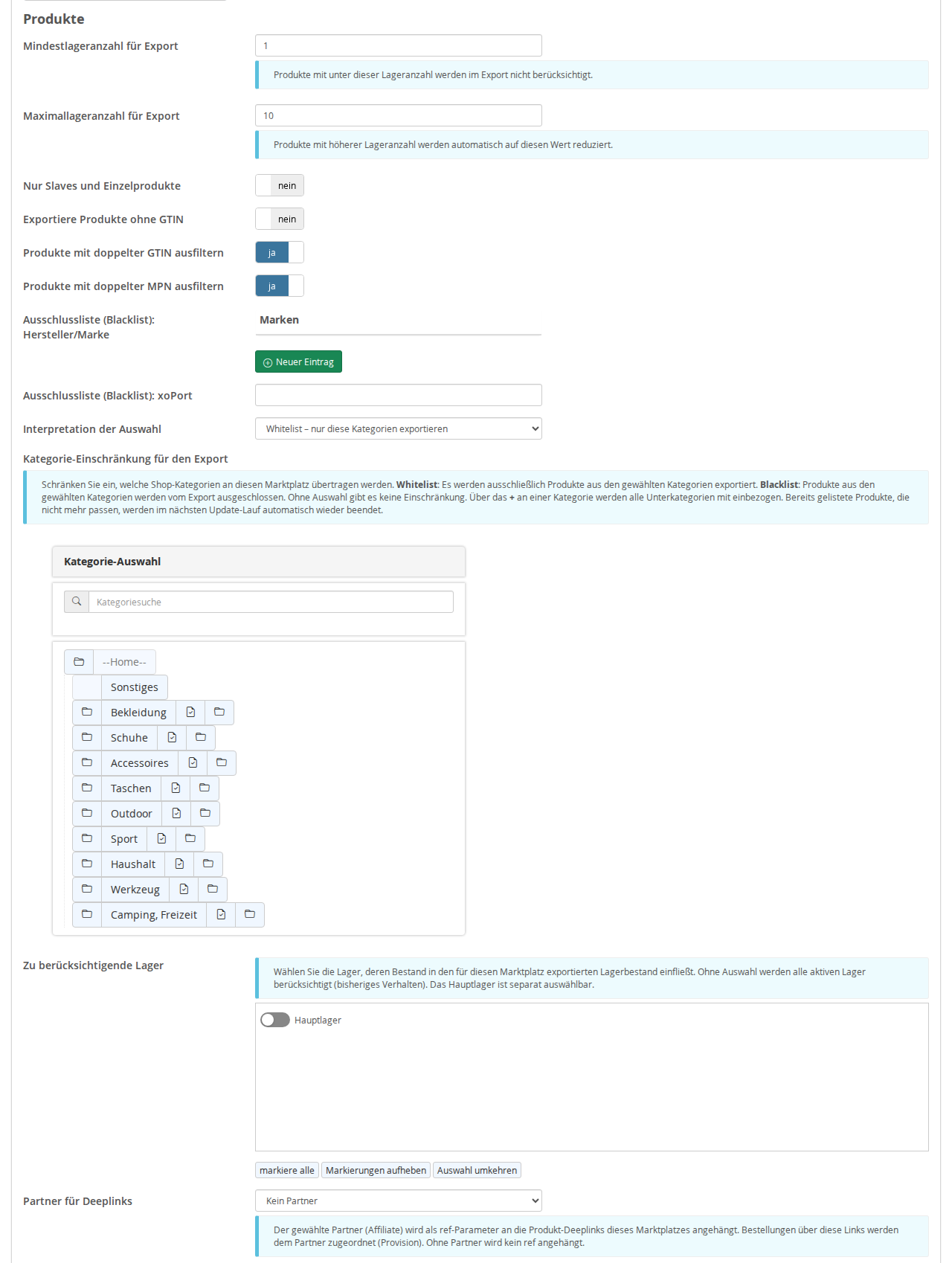 "Products" section of the new eBay integration, featuring minimum and maximum stock quantities, GTIN filters, category restrictions, and stock selection