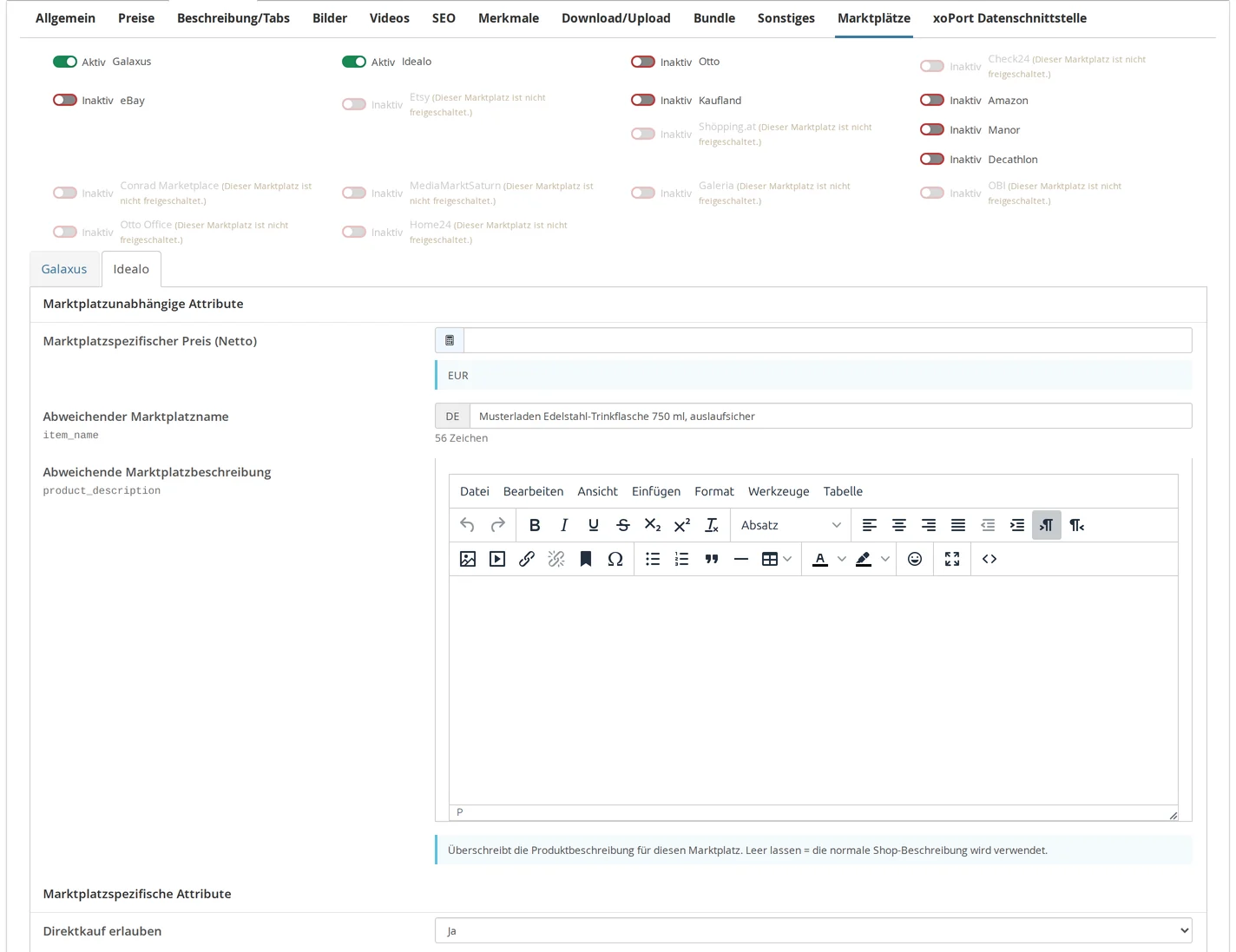 Product template, “Marketplaces” tab: Toggle switches for each marketplace; Galaxus and idealo set to “Active”; several marketplaces are grayed out with the note “This marketplace is not enabled,” below that, the “idealo” sub-tab with marketplace-independent attributes and “Allow direct purchase”