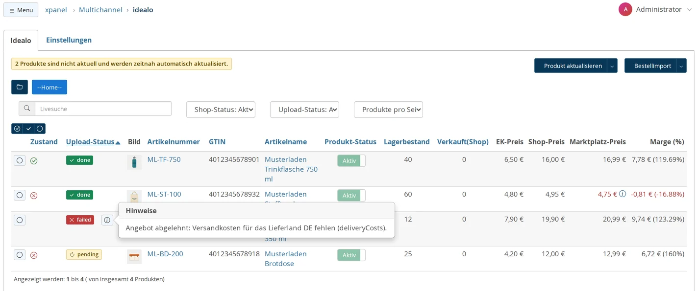 List of items from idealo with the note “2 products are out of date and will be automatically updated shortly,” Upload statuses: "done," "failed," and "pending"; an open "Notes" window for the rejected item; and the columns "Wholesale Price," "Store Price," "Marketplace Price," and "Margin (%)" with one row highlighted in red