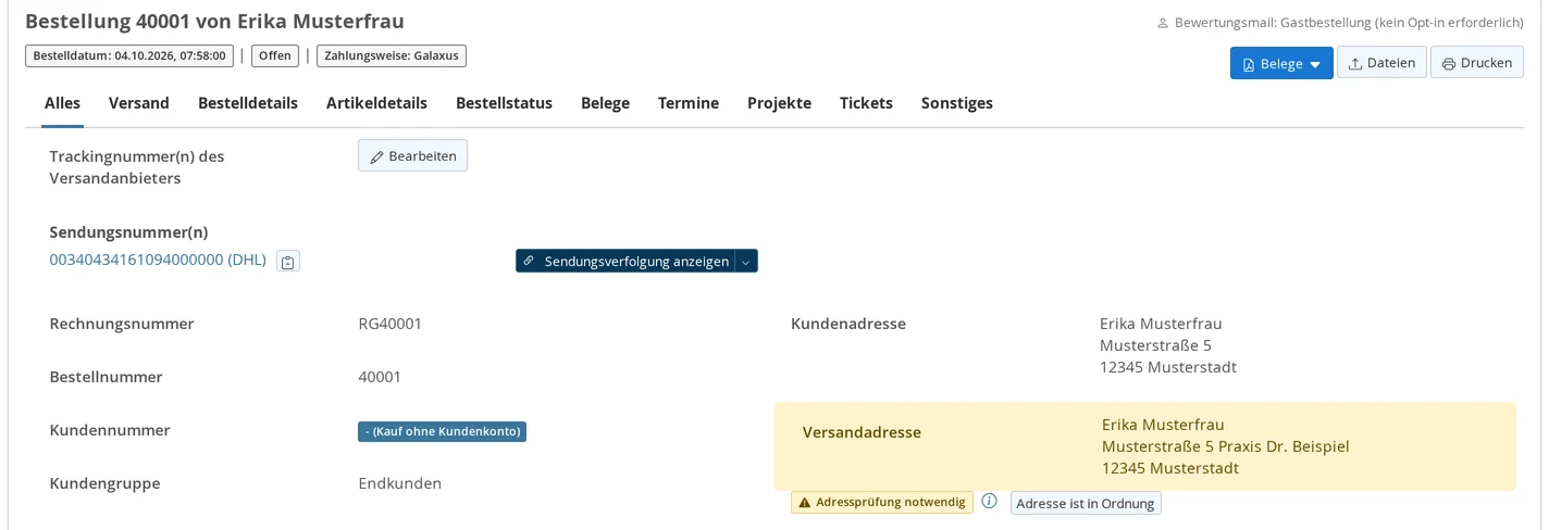 Detailed view of Erika Musterfrau’s Galaxus order: Tracking number 00340434161094000000 (DHL), shipping address “Musterstraße 5, Dr. Beispiel’s Office” with the note “Address verification required” and the “Address is correct” button