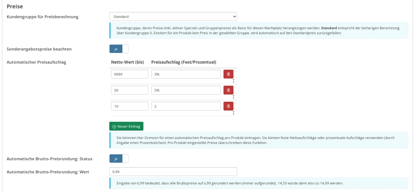 idealo settings, “Prices” section: Customer group “Standard,” special offer prices “yes,” automatic price markup with lines 9999 → 3%, 50 → 5%, and 10 → 2, and gross price rounding “yes” with the value 0.99
