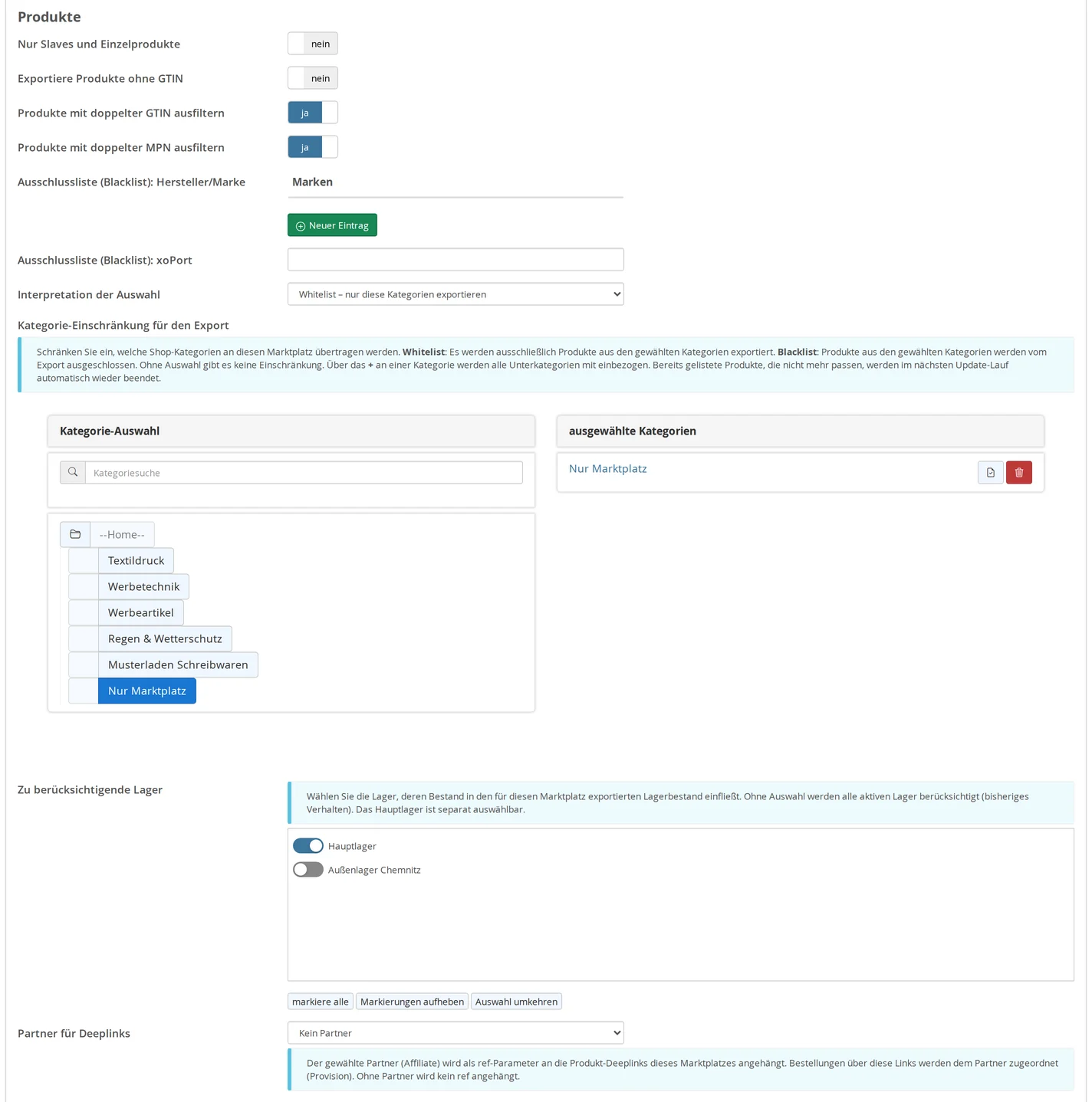 idealo settings, “Products” section: Product filters with yes/no toggles, exclusion lists, a whitelist with the “Marketplace Only” category, warehouse selection with “Main Warehouse” enabled and “Chemnitz Satellite Warehouse” disabled, as well as “Partners for Deep Links”