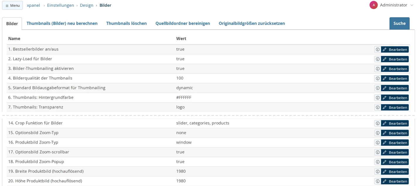 Einstellungen → Design → Bilder mit den Reitern „Thumbnails (Bilder) neu berechnen“, „Thumbnails löschen“, „Quellbildordner bereinigen“ und „Originalbildgrößen zurücksetzen“; darunter die Zeilen 1 bis 7 von „Bestsellerbilder an/aus“ über „Lazy-Load für Bilder“ true, „Standard Bildausgabeformat für Thumbnailing“ dynamic und „Thumbnails: Hintergrundfarbe“ #FFFFFF bis „Thumbnails: Transparenz“ logo und, nach einer Lücke, die Zeilen 14 bis 20 von „Crop Funktion für Bilder“ slider, categories, products bis „Breite/Höhe Produktbild (hochauflösend)“ 1980