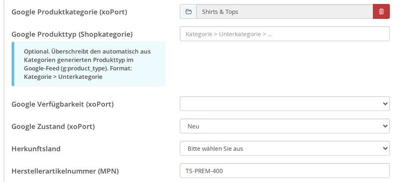 Produktextrafelder eines Artikels: Google Produktkategorie mit Ordner-Symbol, Produkttyp, Verfügbarkeit, Zustand Neu und Herstellerartikelnummer