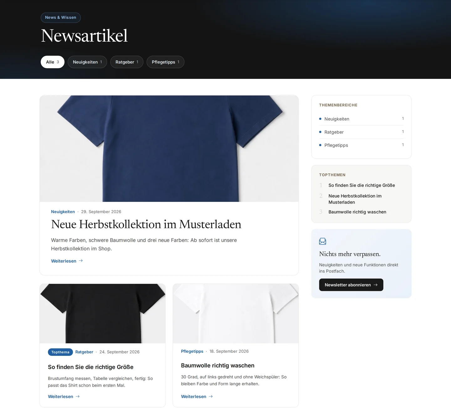 News-Übersicht im Shop: dunkler Kopf mit den Themen Alle, Neuigkeiten, Ratgeber und Pflegetipps samt Zahl der Artikel, großer erster Artikel „Neue Herbstkollektion im Musterladen“, zwei Kacheln, eine davon mit dem Kennzeichen „Topthema“, rechts „Themenbereiche“, „Topthemen“ und der Hinweis auf den Newsletter