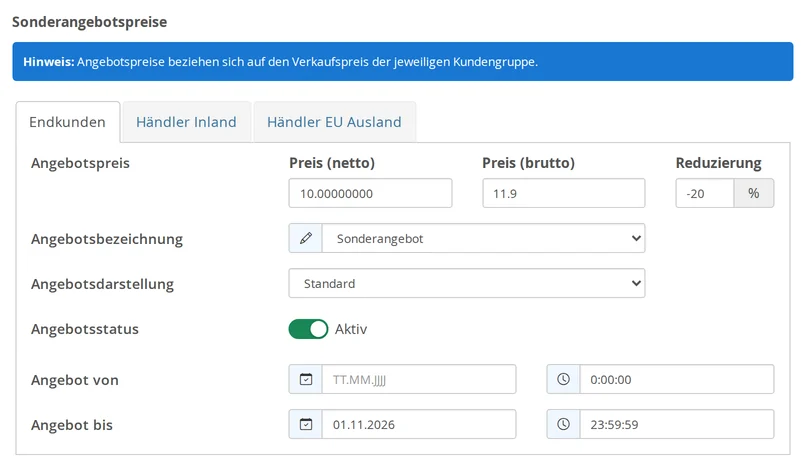 "Special Offer Prices" section, "End Customers" tab, with an offer price of 10.00 net and 11.9 gross, a discount of -20%, Offer Name: Special Offer, Offer Display: Standard, Offer Status: Active, Offer From: blank, and Offer To: including date and 23:59:59