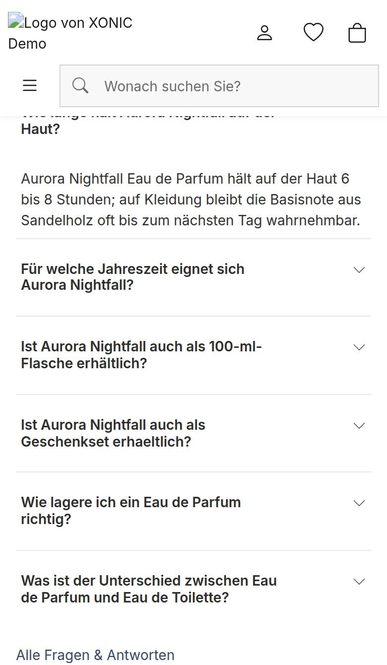 FAQ-Sektion auf der mobilen Produktseite: Fragen untereinander in voller Breite, die erste Antwort geöffnet