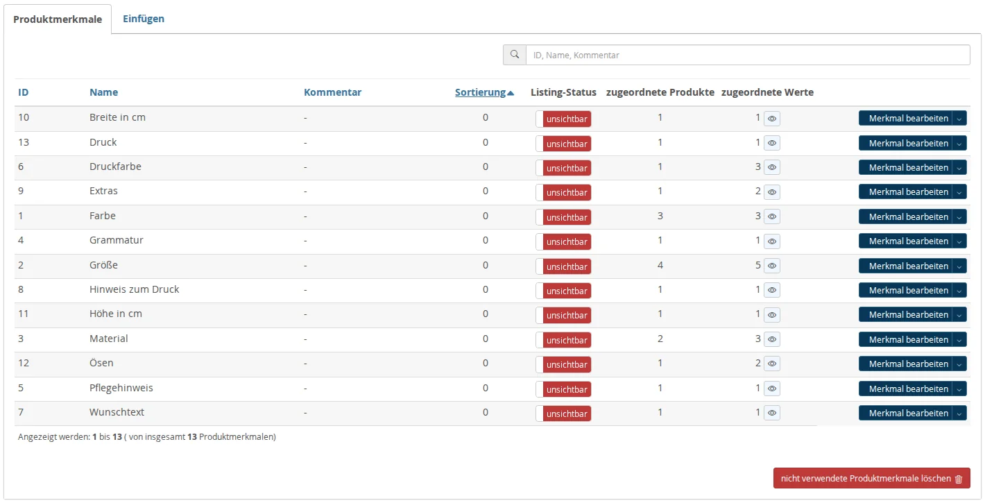 List of product attributes with columns for ID, Name, Comment, Sort Order, Listing Status, Assigned Products, and Assigned Values, as well as the "Edit Attribute" button