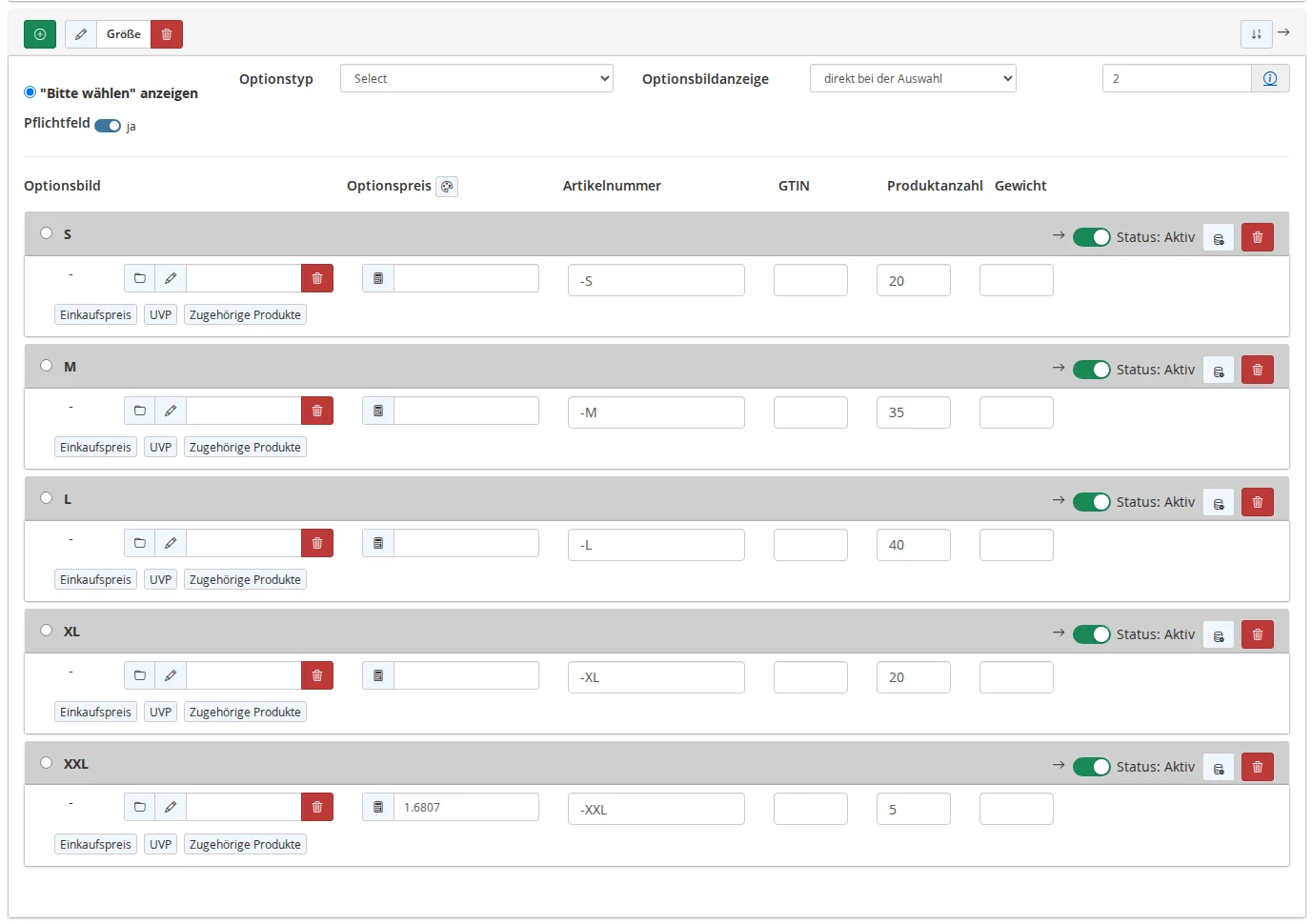 The "Size" attribute in the Features tab with values ranging from S to XXL: Item number suffixes -S through -XXL, stock levels 20, 35, 40, 20, and 5; and for the value XXL, the option price is 1.6807