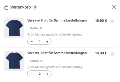 Shopping cart containing two items of the club shirt: size M (quantity 3) and size XL (quantity 2)