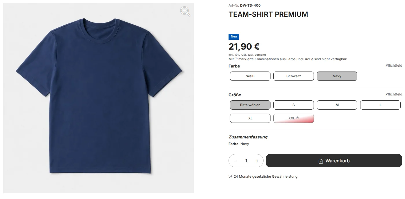 Product page for the Premium Team Shirt in configurator mode: Navy selected as the color; sizes S through XL available; XXL marked with a superscript 1 is disabled; above that, the note “Combinations of color and size marked with a 1 are not available!”; and below that, the summary: Color: Navy