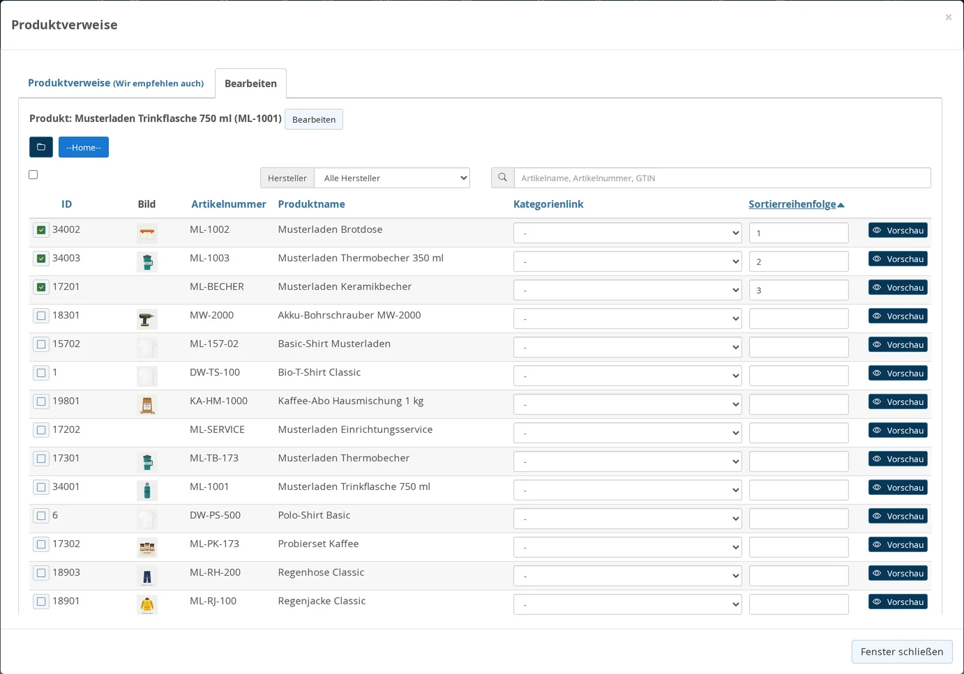 "Product References" window for the item "Musterladen Water Bottle 750 ml (ML-1001)" with a manufacturer filter, search field, and a list of items with the columns ID, Image, Item Number, Product Name, Category Link, and Sort Order; The following items are highlighted: Musterladen Lunch Box (sort order 1), Musterladen 350 ml Thermos Cup (2), and Musterladen Ceramic Mug (3); below them are additional, unhighlighted items