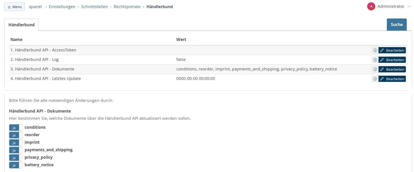 Einstellungen, Schnittstellen, Rechtsportale, Händlerbund: Liste mit Händlerbund API AccessToken (leer), Log (false), Dokumente und Letztes Update (0000-00-00 00:00:00); darunter die Bearbeitungsansicht von Händlerbund API Dokumente mit sechs eingeschalteten Schaltern conditions, reorder, imprint, payments_and_shipping, privacy_policy und battery_notice