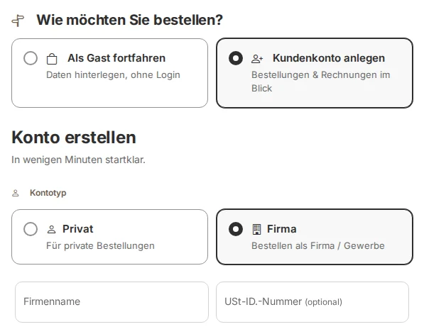 Dasselbe Formular mit der Karte „Firma“ ausgewählt; statt der Anrede erscheinen die Felder Firmenname und USt-IdNr. (optional)