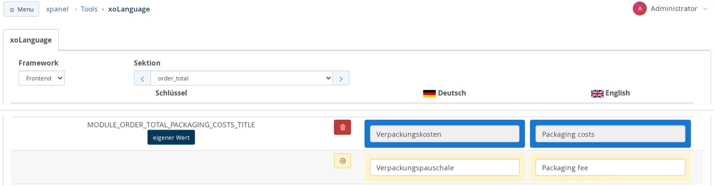 xoLanguage mit Framework Frontend und Sektion order_total, darunter (übrige Schlüssel der Sektion ausgelassen) die Zeile MODULE_ORDER_TOTAL_PACKAGING_COSTS_TITLE mit „Verpackungskosten“ und „Packaging costs“ und die gelb hinterlegte Zeile des eigenen Werts mit „Verpackungspauschale“ und „Packaging fee“
